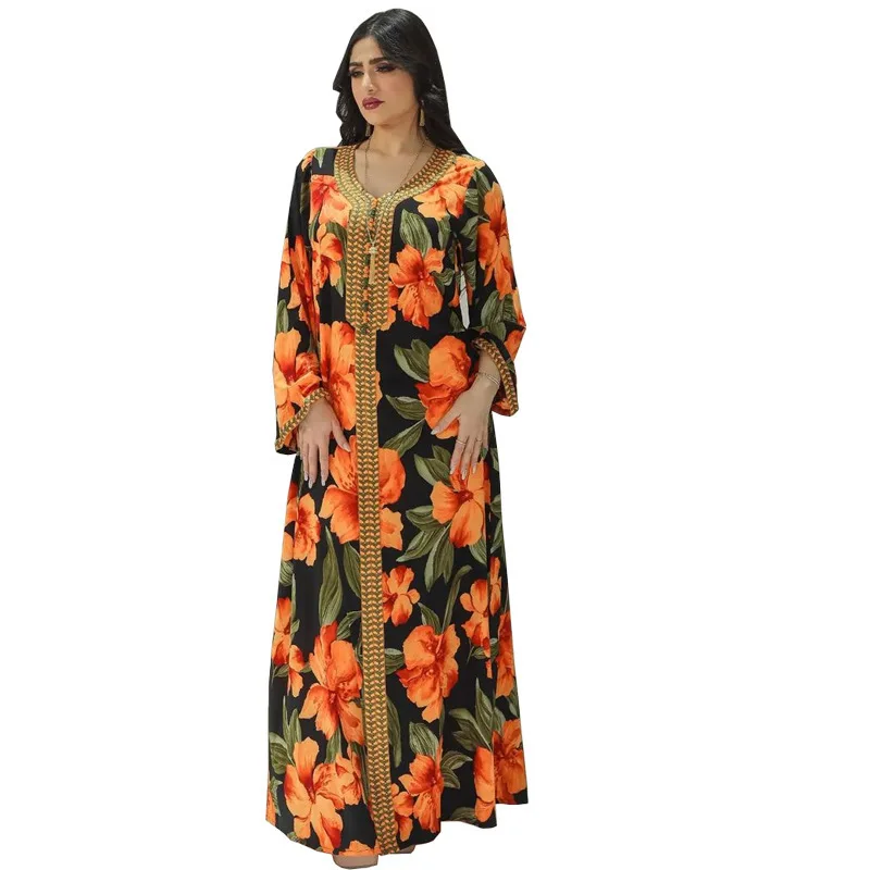 AB 2282022   Nuevo vestido largo con fondo negro y flor grande naranja abaya moda vestido musulmán para mujer