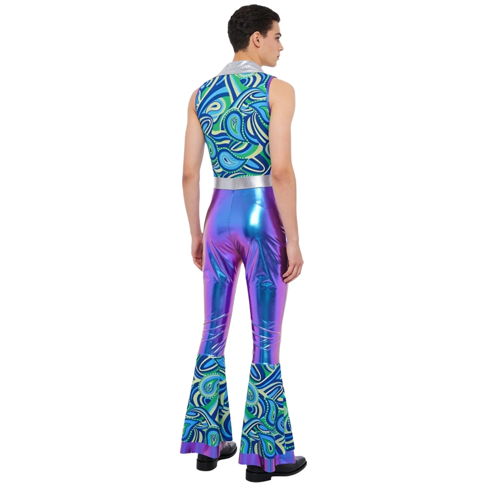 Mens 80s Disco Dance Jumpsuit Chic Print Metallic Shiny Patchwork 