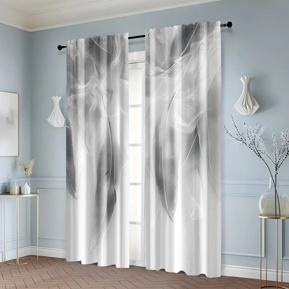 2pcs, Creative Curtains 2D print Gray & White Feather Print Polyester (without rod) Decorations For Home Perfect for Living