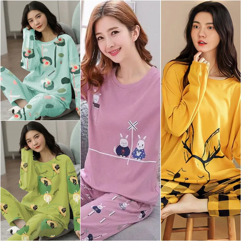 Women\'s Spring and Fall Pajamas Long-Sleeved Polyester Suit Kawaii Homewear Loose Sweet Girl Gift Floral O-Neck Cute Loungewear