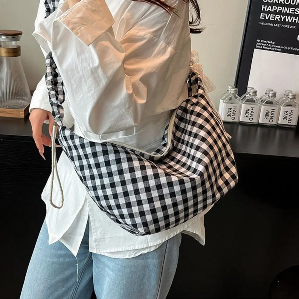 

Модная корейская сумка через плечо Hobos в форме полумесяца, большая вместительная сумка через плечо, парусиновая клетчатая сумка для женщин