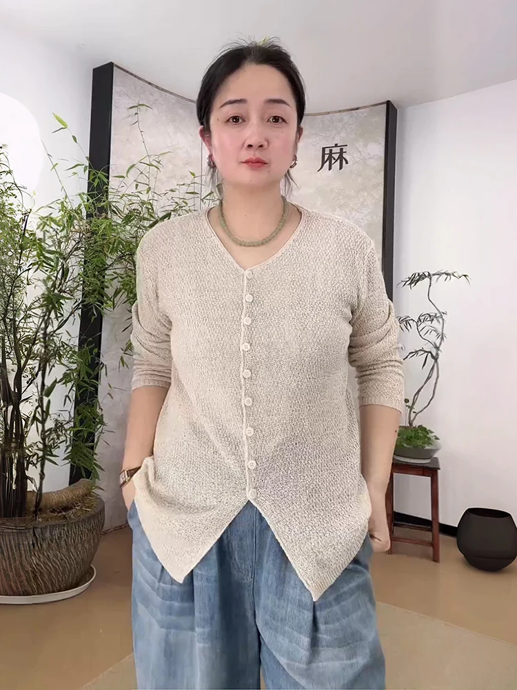 

Женский повседневный вязаный кардиган с V-образным вырезом Hanflax, весна 2026, ажурный, с длинным рукавом, прямого кроя, однотонный, модный топ