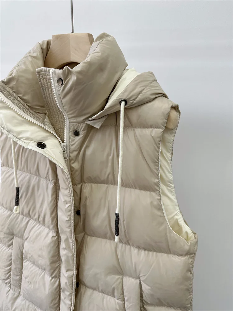 Chaleco de plumón de un solo pecho sin mangas para mujer, chaqueta informal con capucha de Color sólido, Otoño e Invierno