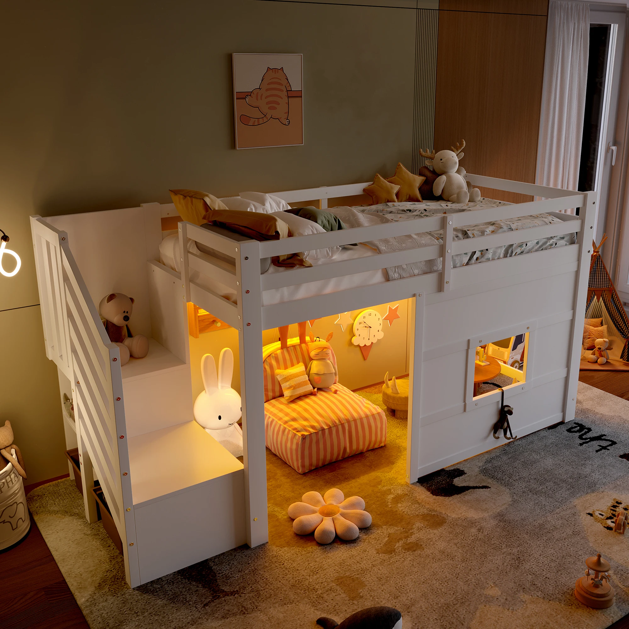 Lit superposé 140x200 cm, avec bureau et 2 tiroirs, robuste, pour chambre à coucher, gain de place, bois blanc, matelas non inclus