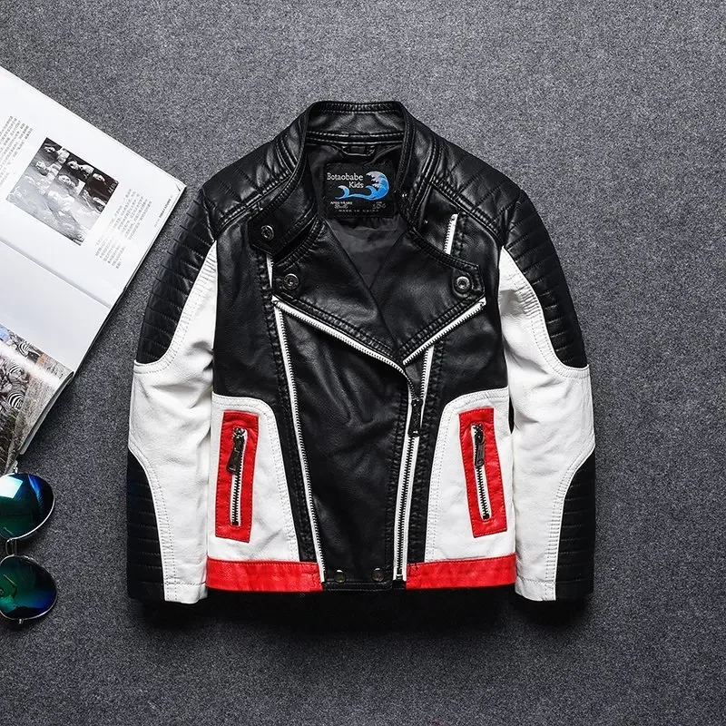 

2026 New Spring and Autumn Boys' and Girls' Leather Jackets Fashion Children's Splicing Motorcycle Leather Jackets