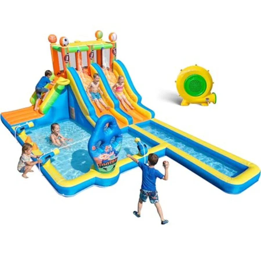 

Inflatable Water Slide for 3-12: Blow Up Backyard Water Park with 550W Blower - 9 in 1 Football-Themed with 2 Slides for Outdoo