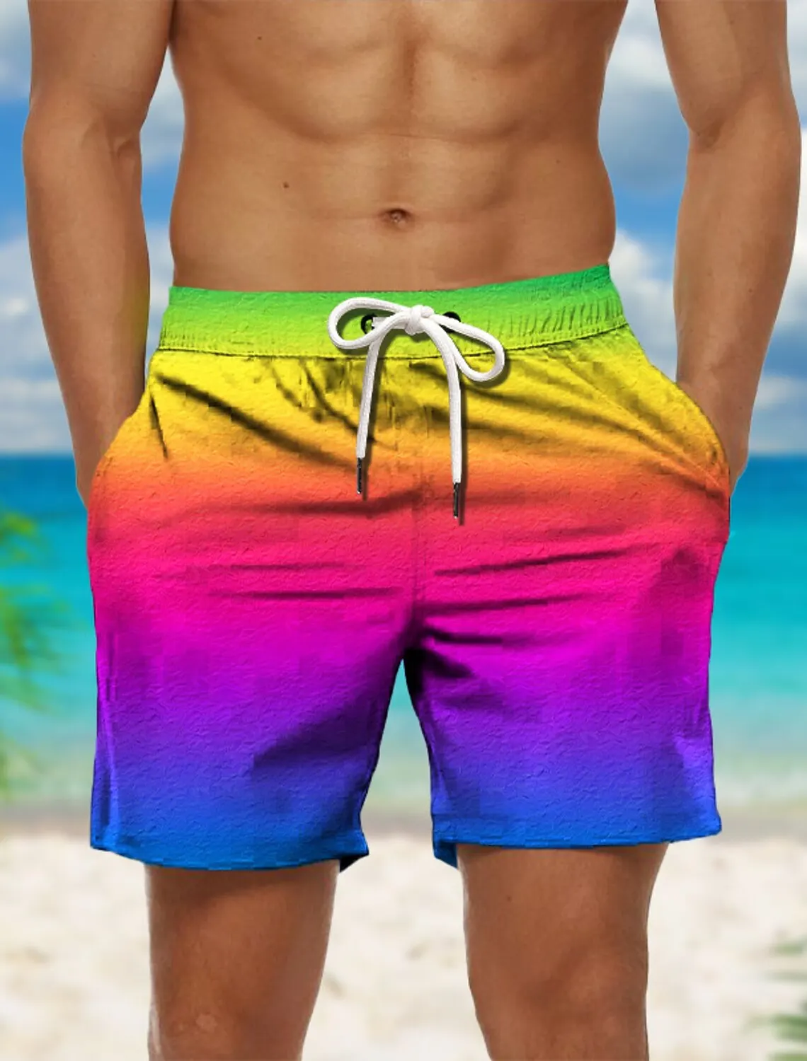 Rainbow Color 3D Printed Shorts Men\'s Comfortable Casual Swimming Shorts Women\'s Fashion Beach Shorts Sports Fitness Ice Shorts