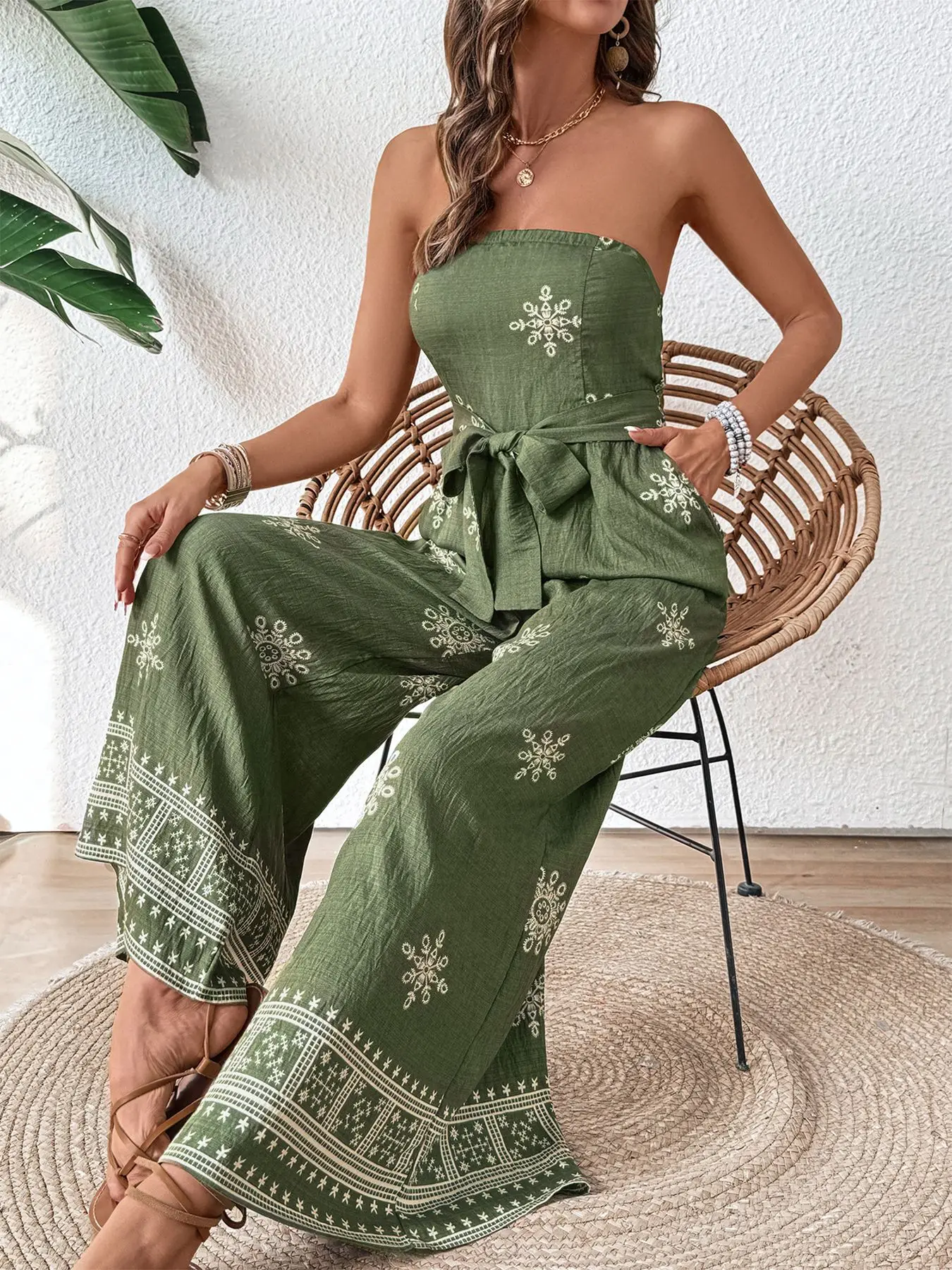 

Summer Jumpsuit Women Print Strapless Back Zipper High Waist Full Length Pants Trousers Wide Legs Rompers Holiday Boho 63956