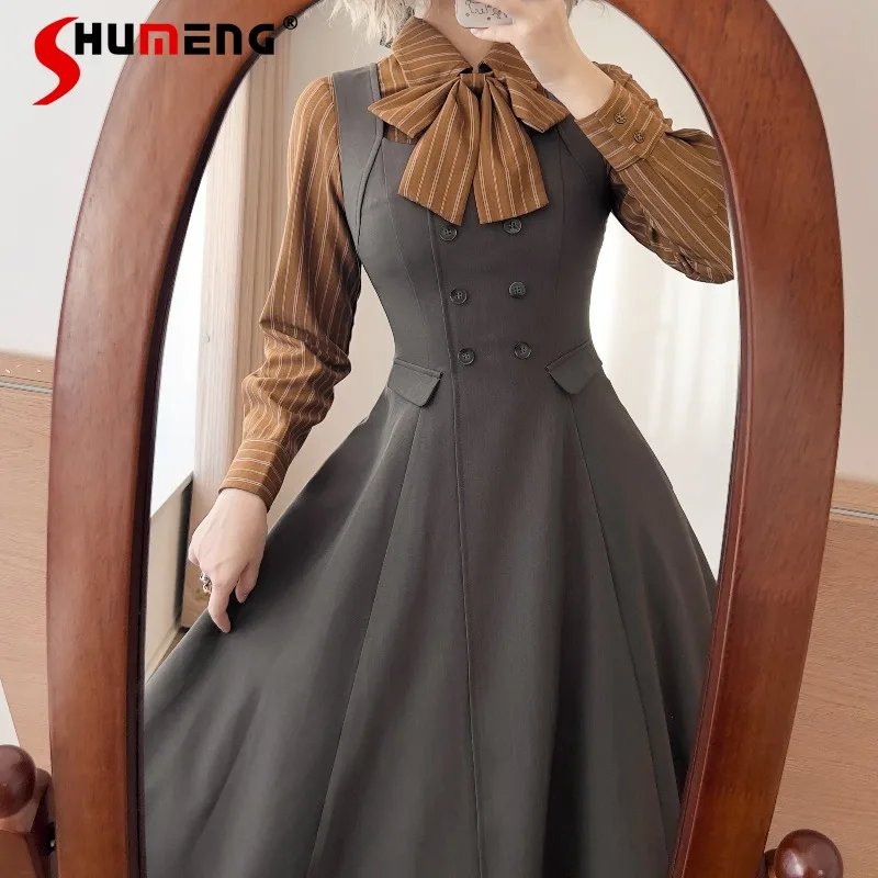 2025 가을 겨울 오리지널 프렌치 레트로 우아한 더블 브레스티드 허리 조임 슬림핏 베스트 드레스 JSK 슬림핏 스트랩 베스티도스