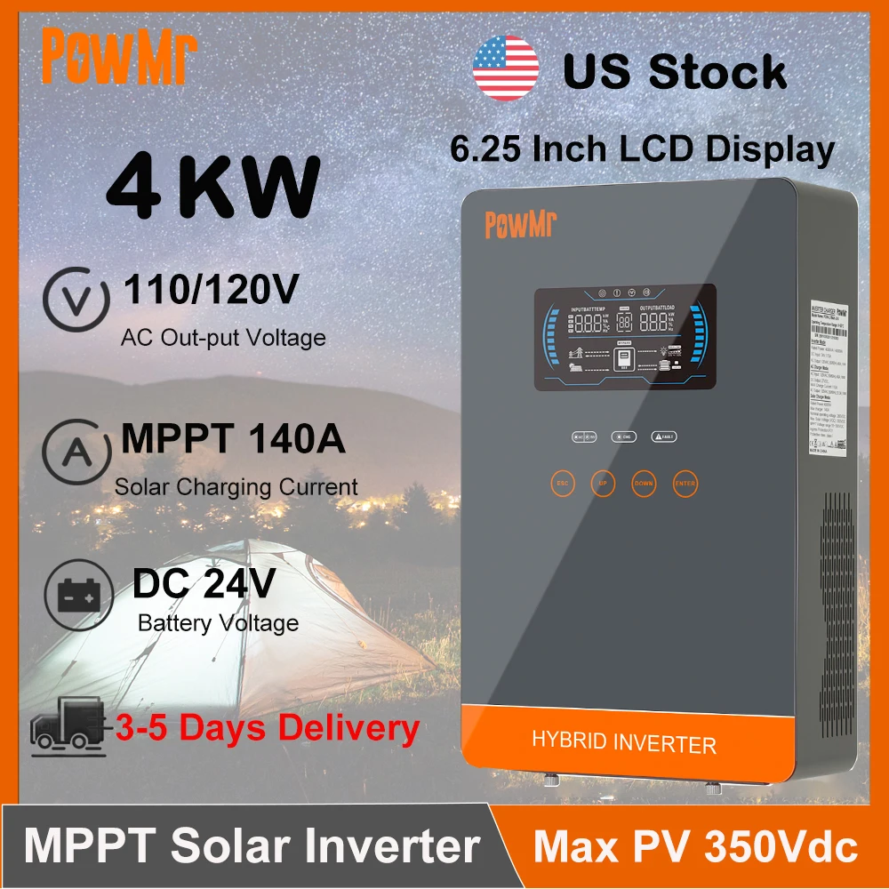 PowMr 4KW 120V Off Grid Solar Inverter DC 24V 140A MPPT Solar Charger Pure Sine Wave Off-Grid Home Inversor 6.25 Inch LCD Display Fit Lithium Battery