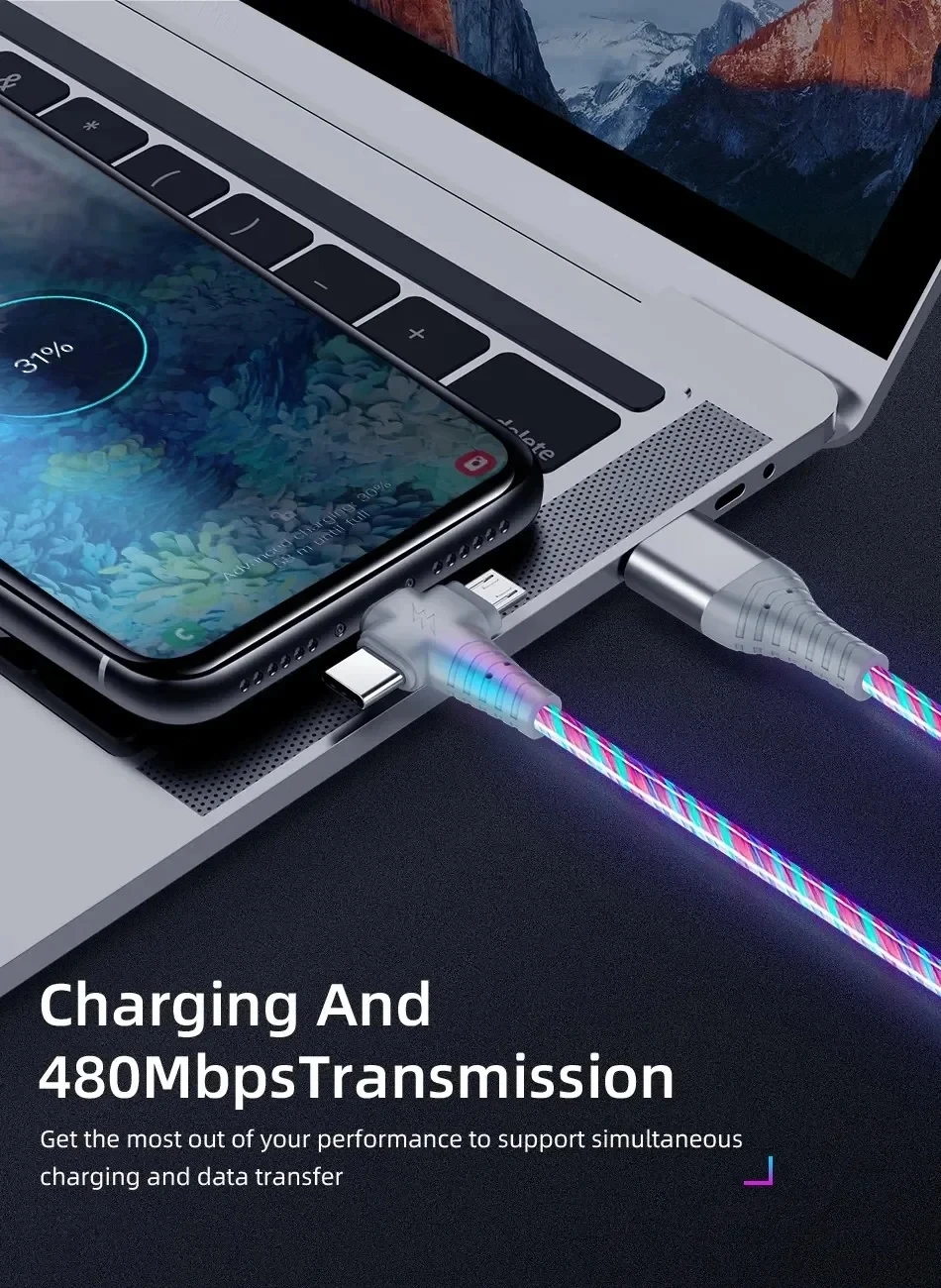 3A three in one first-class luminous USB cable LED cable USB to Micro USB/C-type/8-pin charger wire, suitable for smartphones image 2