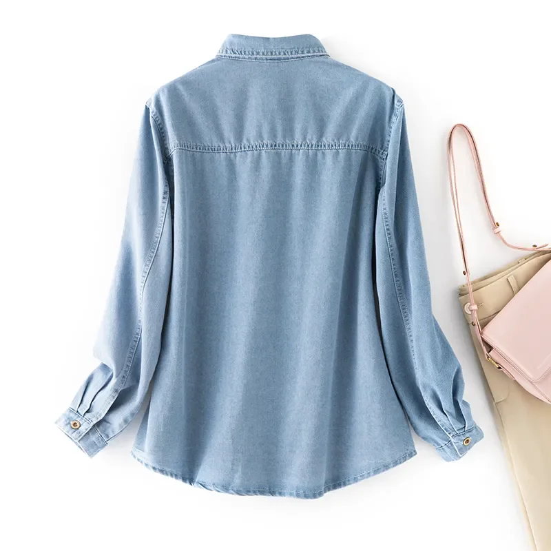 เสื้อเชิ้ตยีนส์สไตล์เกาหลีแบบใหม่ แขนยาว สไตล์เรโทร สำหรับฤดูใบไม้ผลิและฤดูใบไม้ร่วง เสื้อตัวในทรงหลวม
