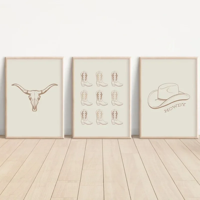 Multiple sizes 1pc frameless Canvas Painting,1pc frameless Canvas Painting Western Cowboy Hat Cowgirl Boots Boho Modern Minimali