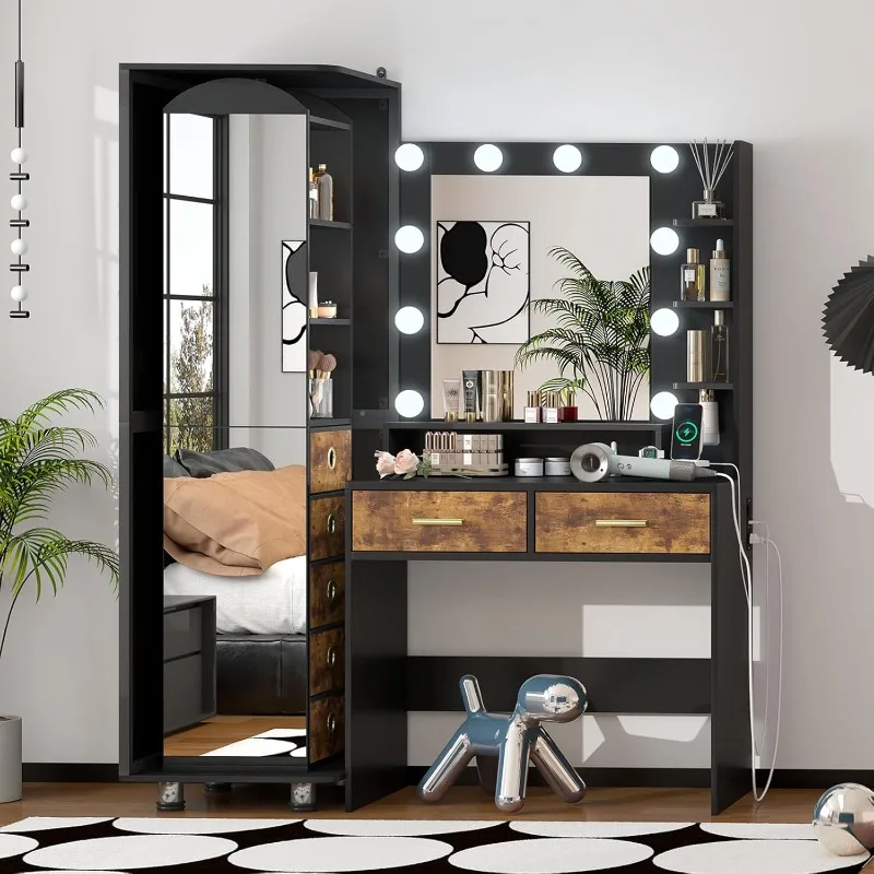 Makeup Vanity Desk with Mirror and Lights, 360° Swivel Cabinet with Full-Length Mirror, Jewelry Storage Shelf & Bulletin Board