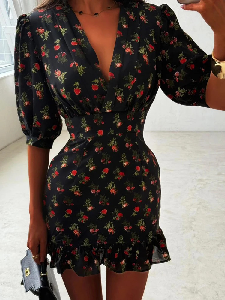 

Temperament V-neck Floral Print Mini Dress Elegant Puff Short Sleeve Fit Party Short Dress Summer High Waist Ruffles Retro Dress