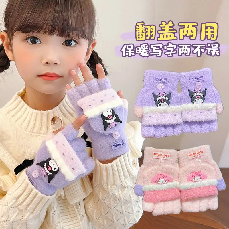 Sanrio cute Kuromi My melody Cinnamoroll Pochacco sweet creative cartoon pattern comfortable and warm flip half finger gloves