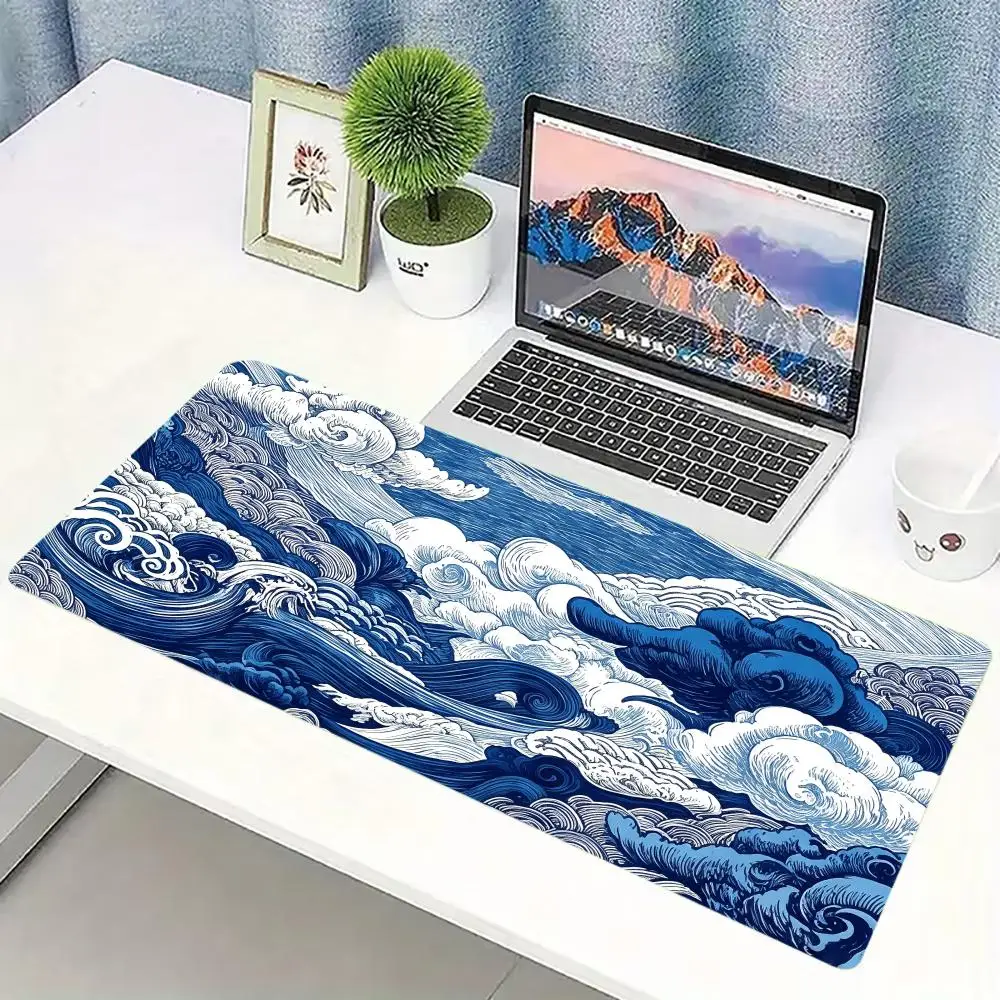 Blue Ocean Wave Extended Desk Mat Non Slip Rubber Stitched Edge Large Mousepad for Laptop PC Office Desktop Gaming Spot