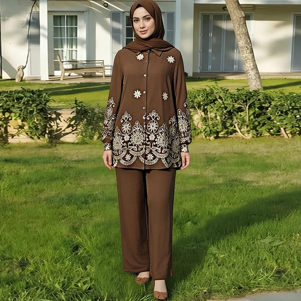 2-teilige Islamische Kleidungssets für Frauen Saudi-Arabien Dubai Bescheidenes Outfit Türkei Besticktes Oberteil und Hosen-Anzüge Muslimischer Trainingsanzug
