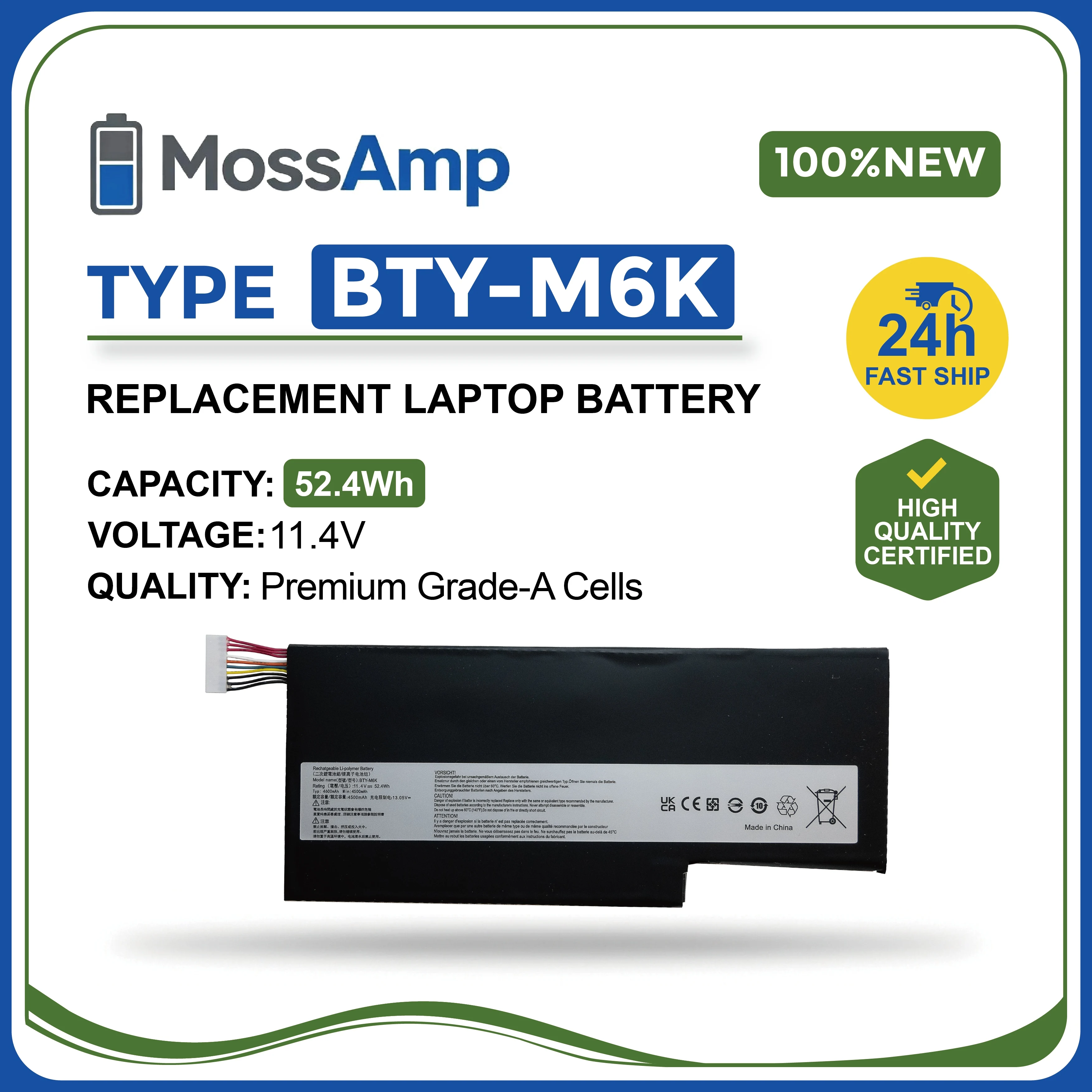 MossAmp BTY-M6K Laptop Battery for GF63 GF65 GF75 GS63 GS73 Creator Bravo Thin GS63VR GS73VR Stealth Pro 15M 17M 15 17 WS63 WP65