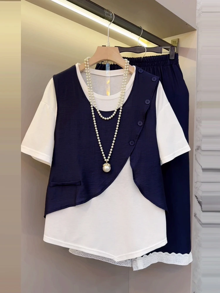 플러스 사이즈 여름 캐주얼 레이스 트림 탱크탑 베이스 이트 티셔츠 세트 하이웨이스트 롱 팬츠 라운드 네이버 버튼다운 베스트