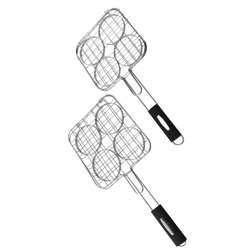 One-piece thickened 4-grid anti-scalding handle outdoor barbecue burger patty baking basket