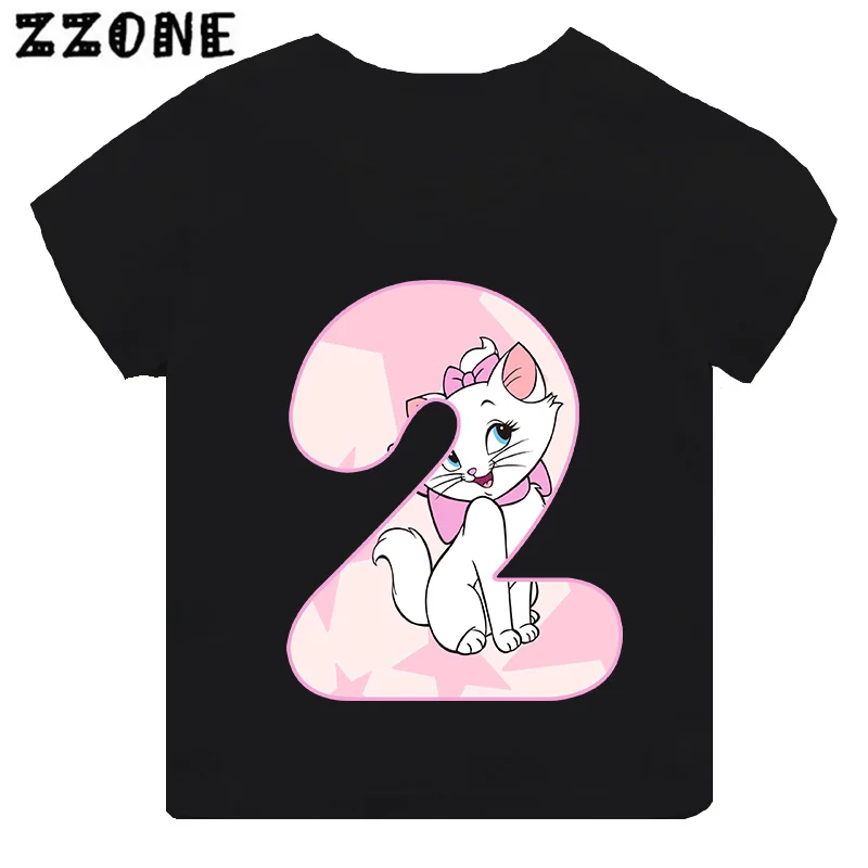 Cute Marie Cat Number Bow Print Cartoon Girls Clothes 1 2 3 4 5 6 7 8 9 Years Birthday Kids T shirt Baby Boys Children T-Shirt