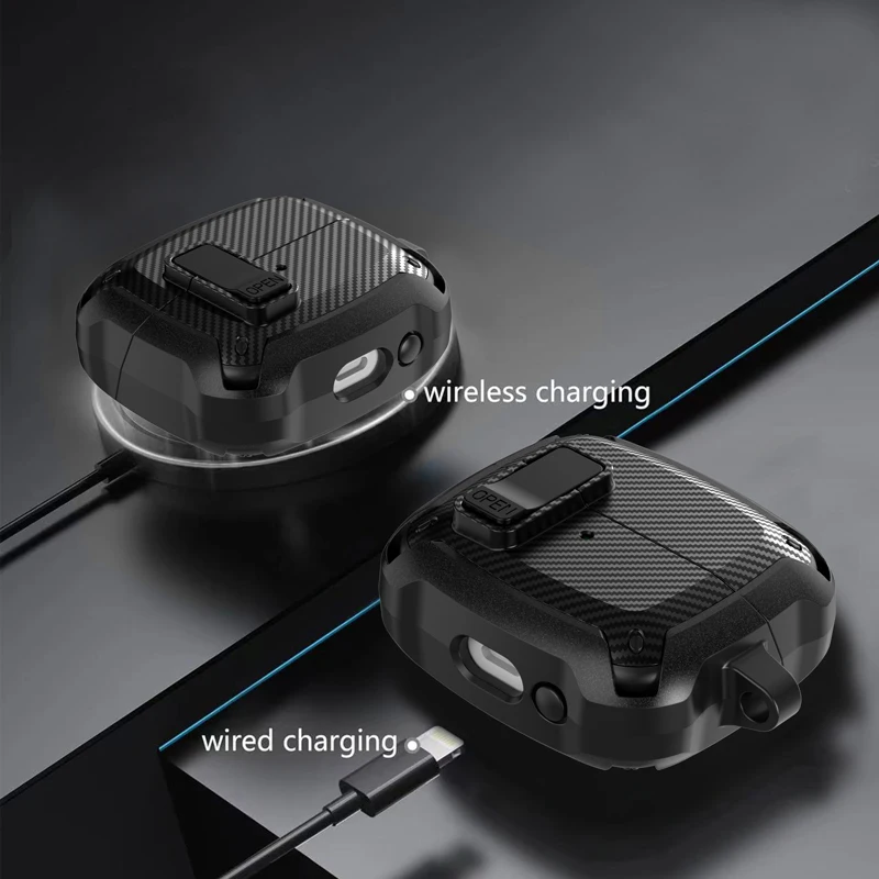 Secuer Lock Switch  Carbon fiber textured headphone case For Samsung Galaxy Buds3Pro Galaxy Buds3 headphone casewith hook