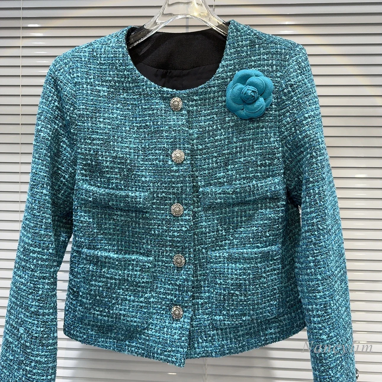 2024 Autumn New Chic Coat Woman Three-dimensional Flower Pin Rhinestone Buckle Tweed Temperament Short Blue Coats for Women