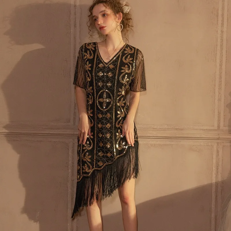 

Retro Elegance Vintage Luxury Adult Women Irregular Skirt Sequin Embroidered Slim Fit Evening Gown Fashion And Sexy Summer Dance