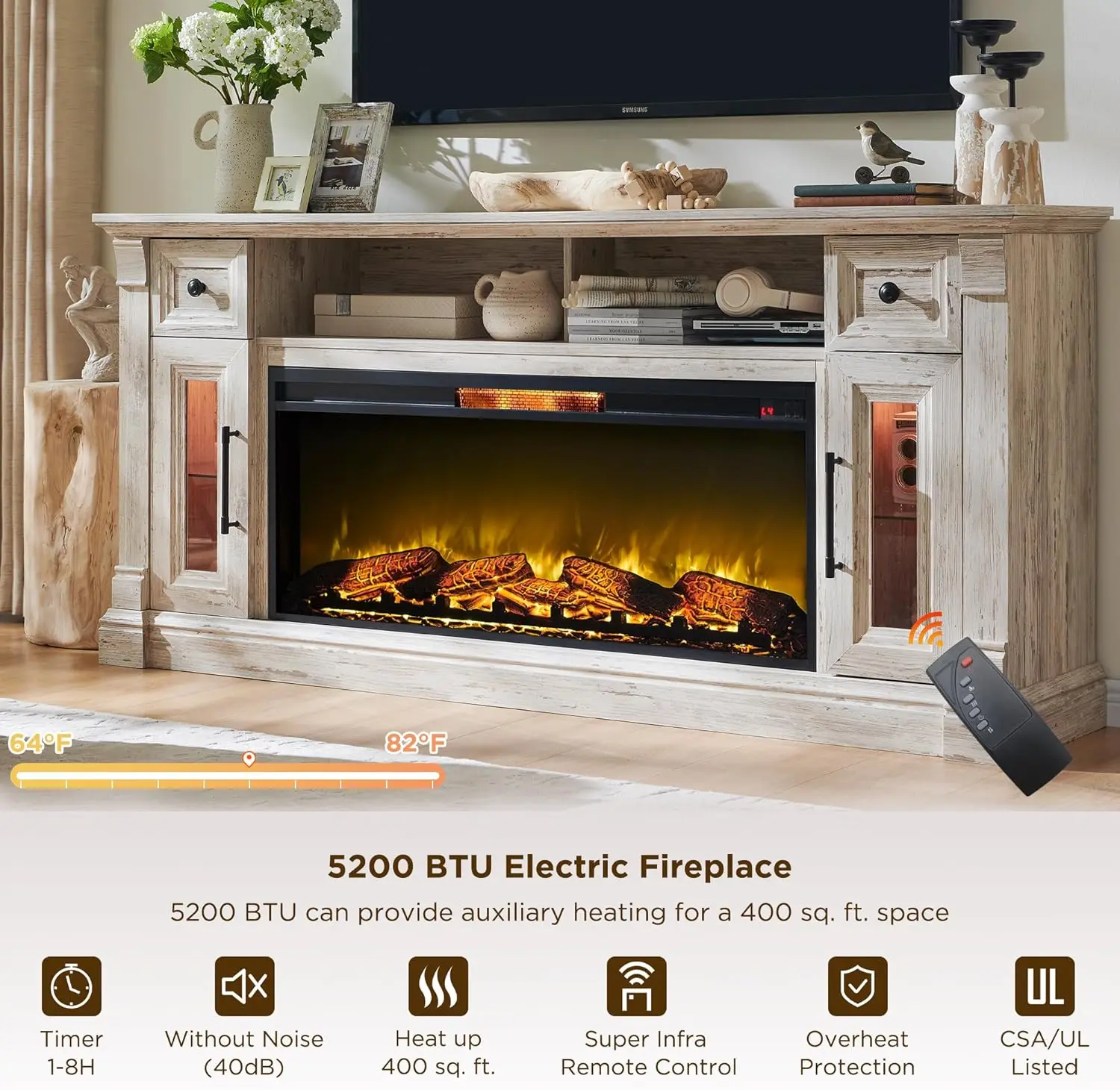 Bauernhaus-TV-Ständer mit Kamin für 80-Zoll-Fernseher – Entertainment-Center aus Holz, LED-Leuchten, verstellbare Wohnzimmerumgebung, Weiß