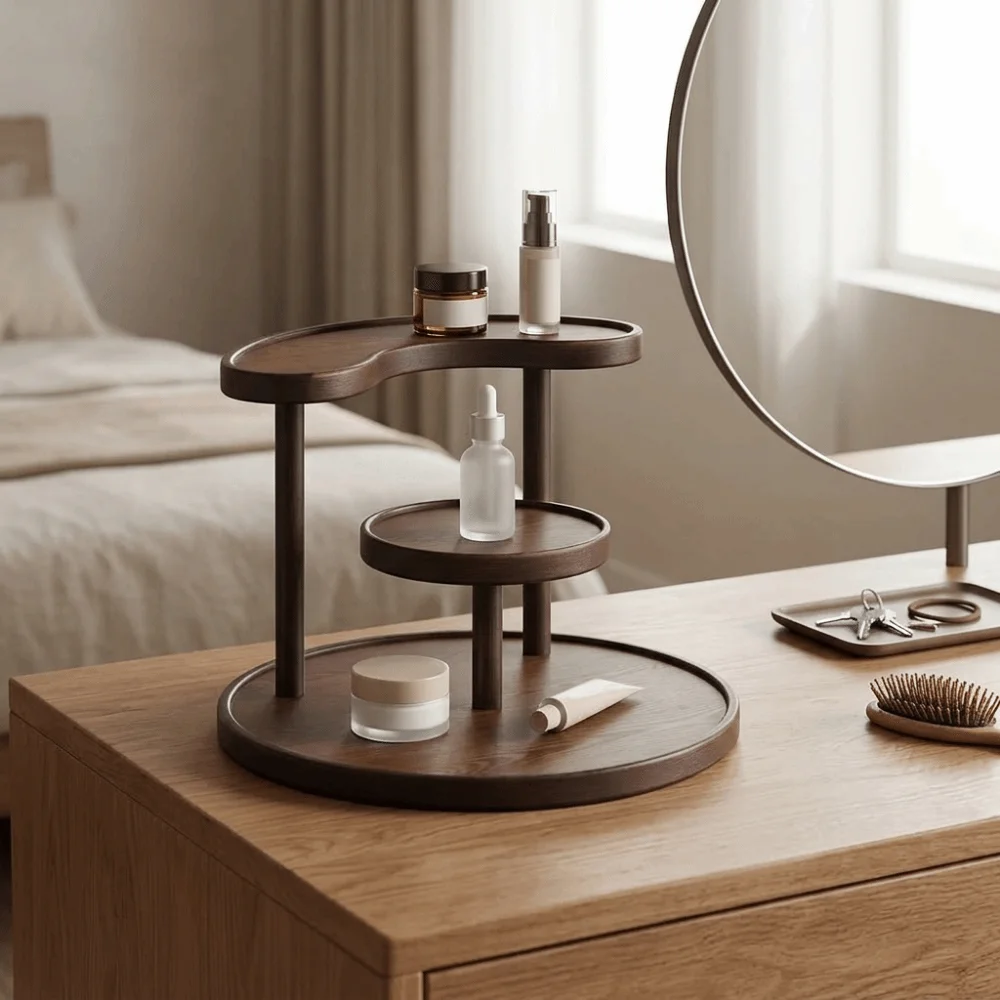 Curved Edge 3-Tier Round Shelf Detachable Space Saving Round Base Storage Rack Large Capacity Desktop Organizer for Bedroom