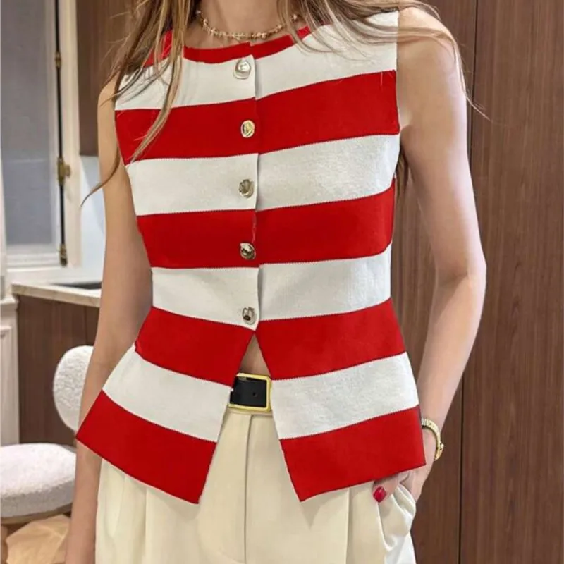 Hot Style Color Blocked Striped Knitted Cardigan For Women Fashion Sleeveless Round Neck Vest Ladies Casual Versatile Streetwear