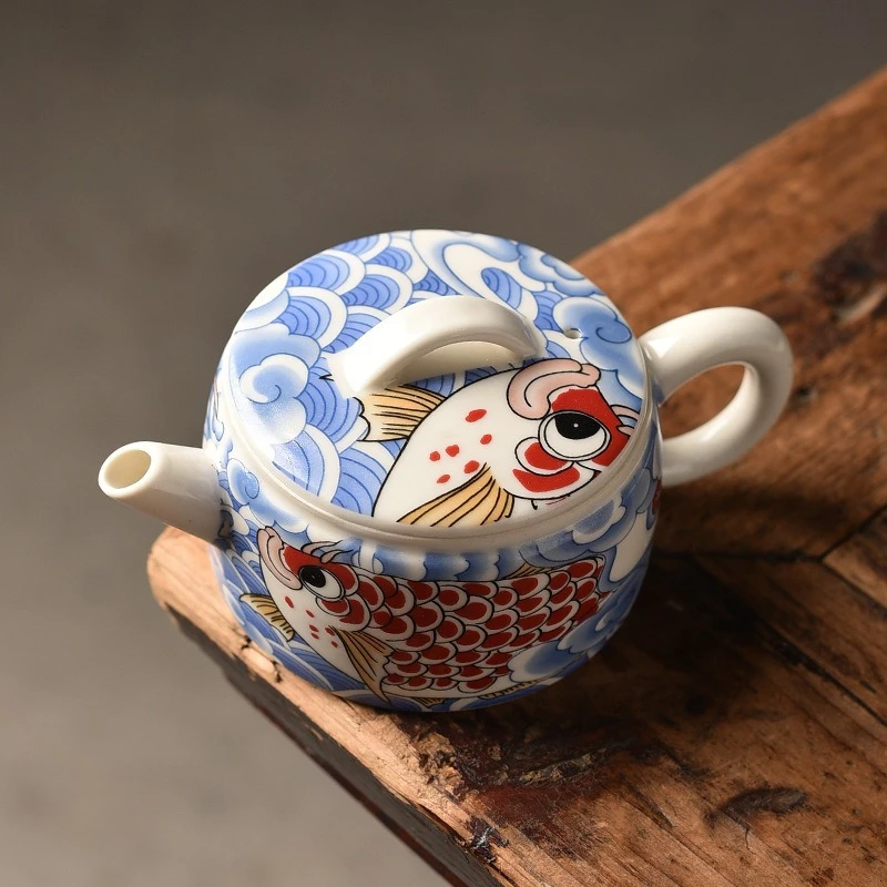 Blue and white arowana teapot, national style Han tile pot, single pot, high-end tea making, Kung Fu tea set, retro applique pot