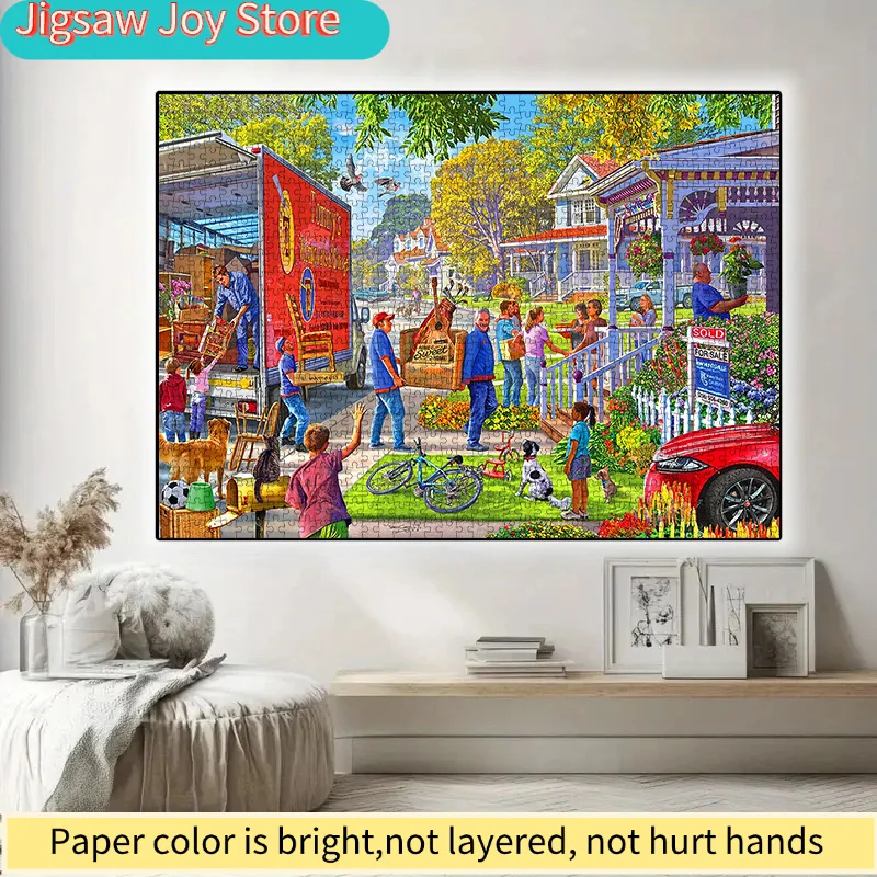 

1000pcs DIY paper puzzle featuring a lively and warm moving scene with elements like busy movers, friendly neighbors, and ador