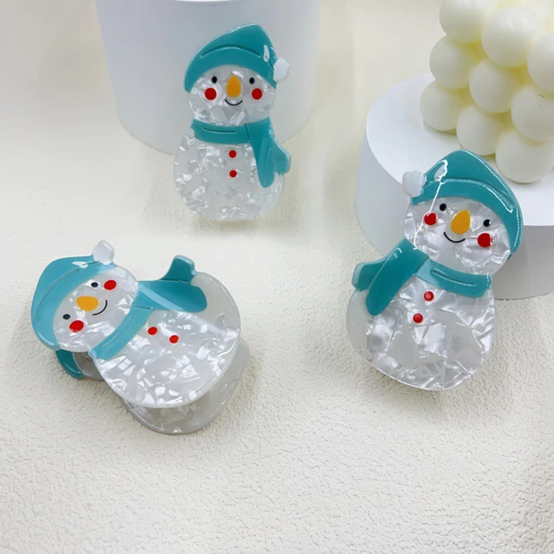 Cute Blue Hat Snowman Hair Claw Christmas Cartoon Hair Clip Acetate Shark Clips For Women Simple Hair Accessories Christmas Gift