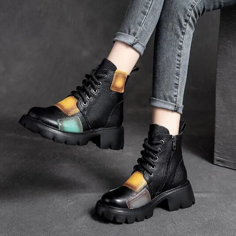 Autumn Winter Punk Goth Ankle Women Boots Mixed Colors Women Shoes Retro Genuine Leather Round Toe Sewing Handmade Platform Boot