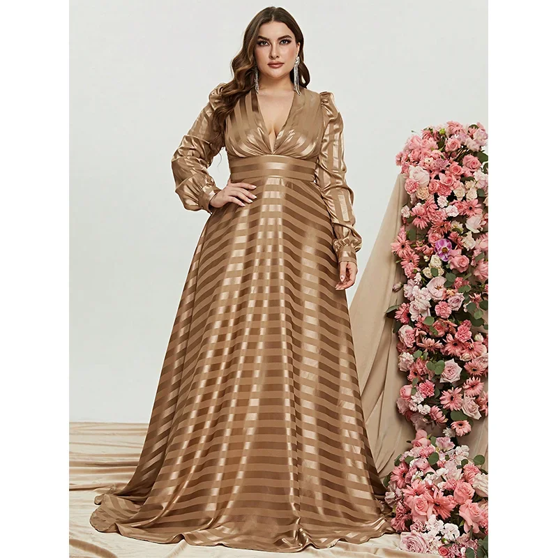 

Plus Size Long Sleeve Champagne Striped Satin Gorgeous Floor-Length Evening Gown Big Size 4XL Luxury Prom Woman's Evening Gown