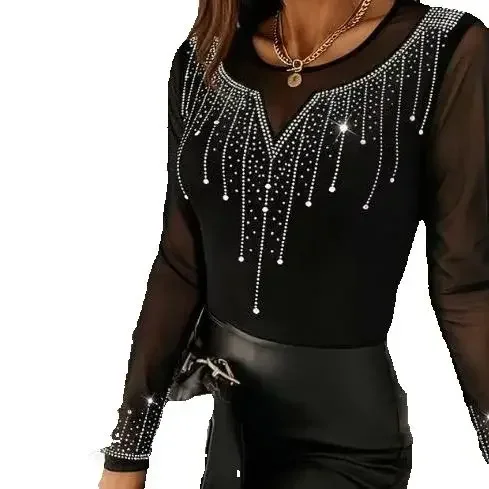 

Women's Fashion Tee Temperament Commuting Female Rhinestone Decor Long Sleeve Sheer Mesh Spliced Tee Slim Top