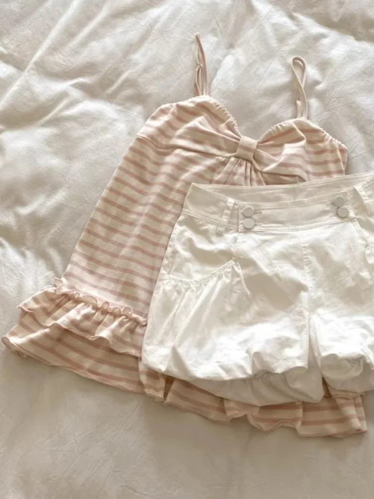 سترة يابانية حلوة ملابس نسائية عتيقة مخططة بدون أكمام تي شيرت موضة الصيف كاميس الكشكشة سليم صالح خمر تانك Ropa Mujer #5