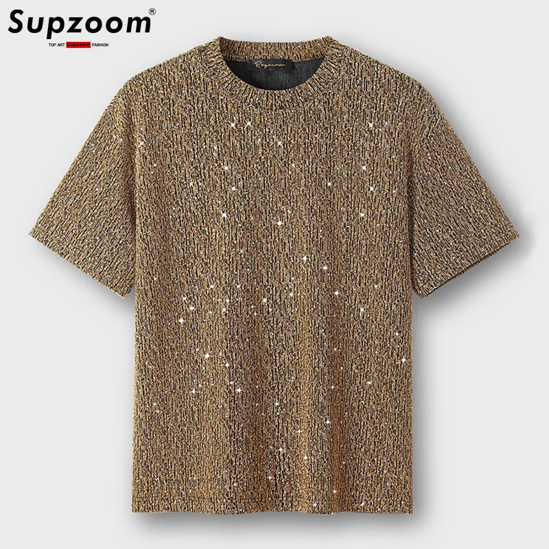 Supzoom 2024 New Arrival Summer Top Fashion Sequins Neutral High Elasticity O-neck Casual Hip Hop Cotton Ins Loose Men Tshirt