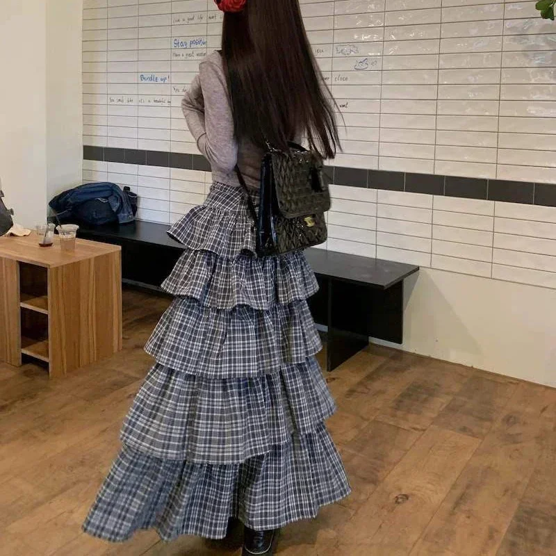 Vintage Plaid Midi Skirts Women New Casual Puffy High Waisted Tierred Ruffles Long Pleated Skirt Spring Summer All Match Bottom