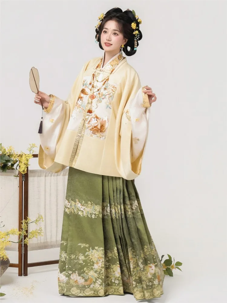 New Chinese-style square collar patchwork two-color dress Hanfu set