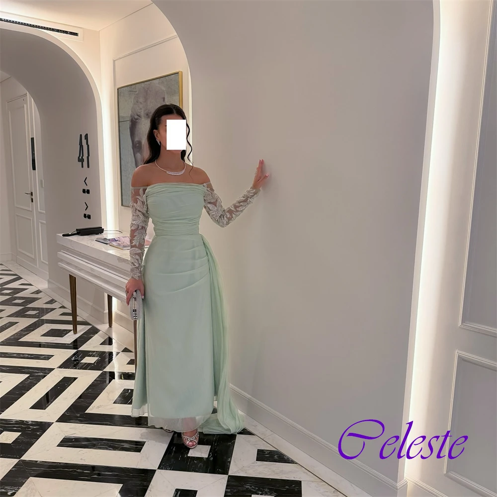 Gaun Malam Lurus Organza Lengan Panjang Bahu Terbuka Kustom Gaun Pesta Kristal Berkilau Gaun Acara Khusus