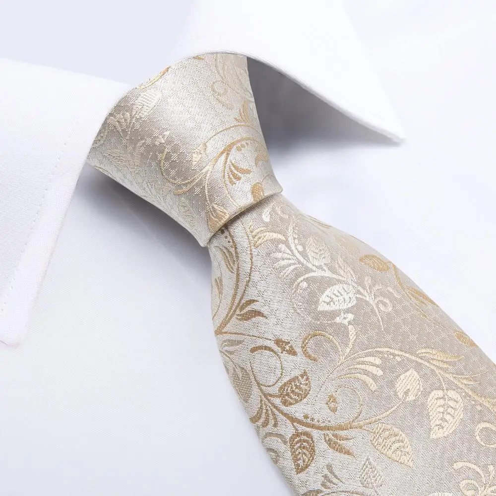 Hi-Tie Dasi Pernikahan Desainer Motif Bunga Warna Beige Champagne Untuk Pria, Set Dasi Pria Dengan Sapu Tangan & Kancing Manset, Hadiah Untuk Pesta Bisnis, Dropshipping