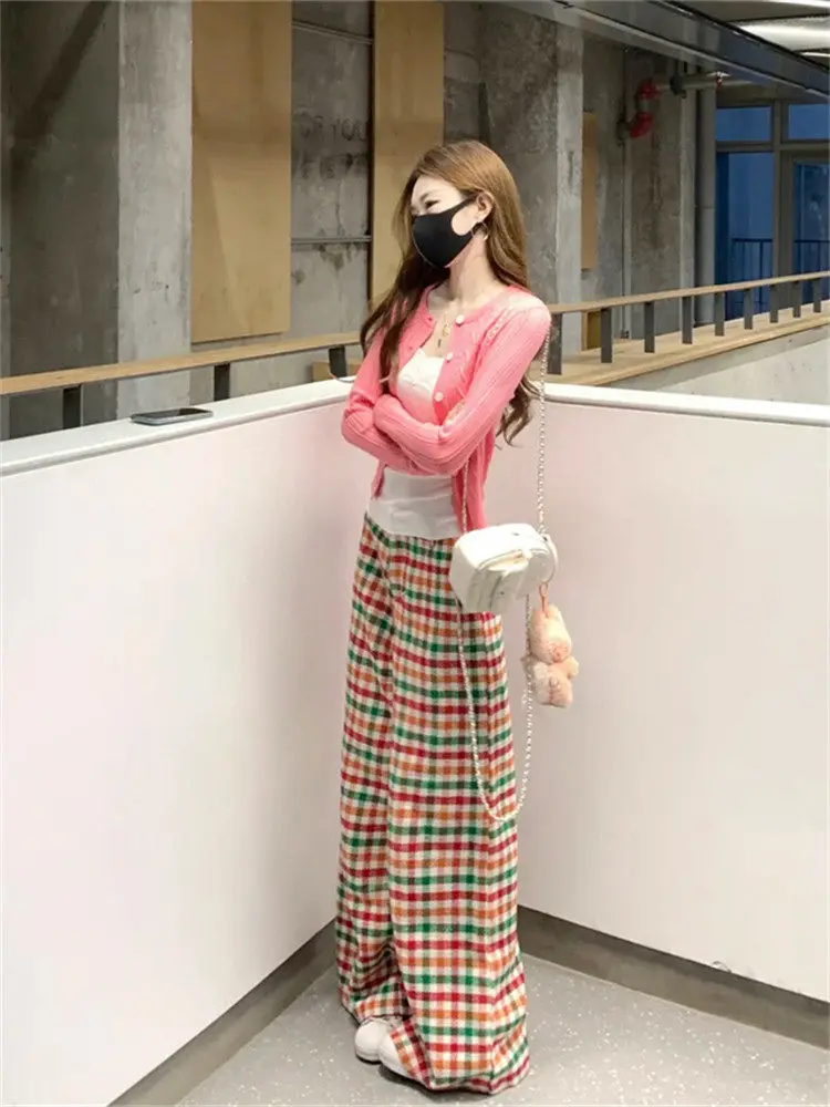 Korean Style Plaid Wide Leg Pants Casual High Waist Spring New Design Long Pants Ladies Fashion Trend Sun Protection