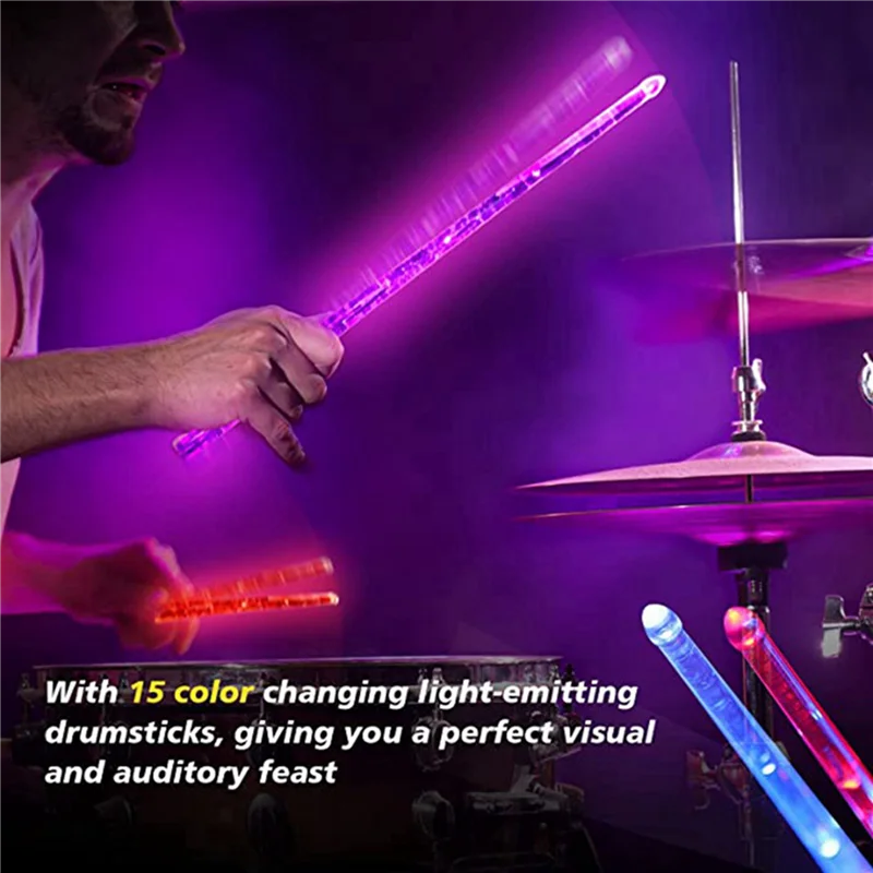 ABKV-6X LED Light Emitting Drumsticks 15 สี USB ชาร์จ + สวิทช์อิเล็กทรอนิกส์ Drumsticks สําหรับ STAGE Performance