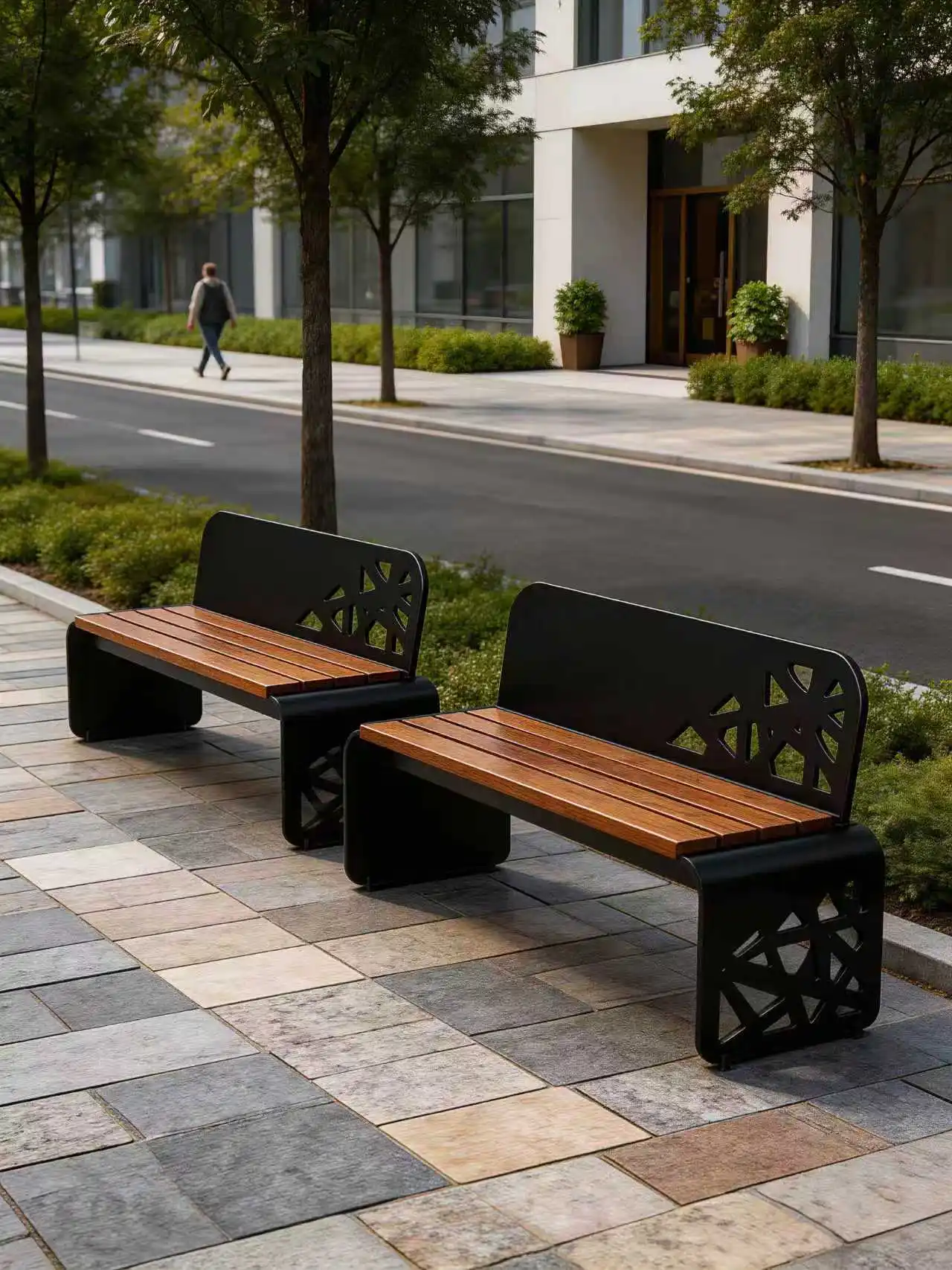 Modern Outdoor Park Bench with Artistic Cutout Design, Powder-Coated Metal Frame & WPC Wood Seat for Garden Plaza