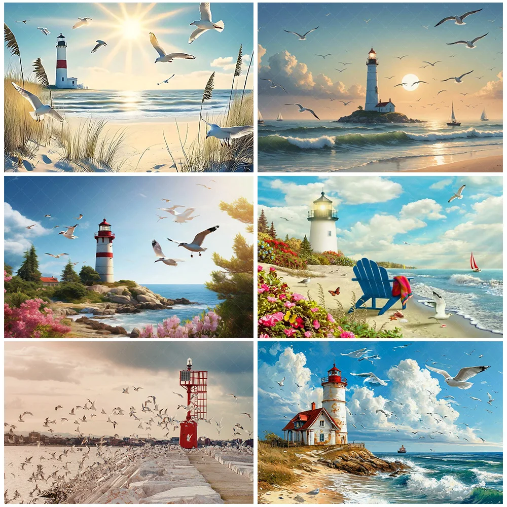 

Seagull Lighthouse Seaside Beach Wave Theme Backdrop Ocean View Blue Modern Photography Background LivingRoom Bedroom Decoration
