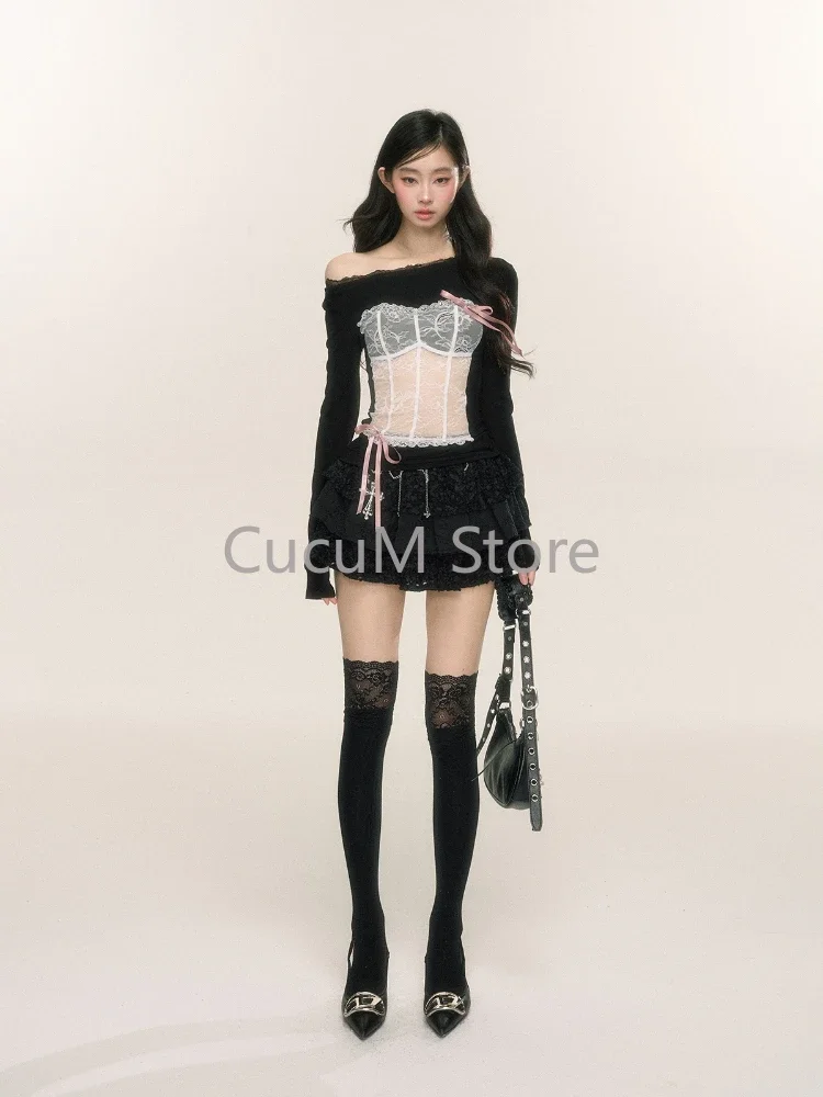 Autumn Coquette Y2k Sexy Lace Crop T Shirt Women 2024 Fashion Korean Kpop Streetwear Patchwork Tees Black Long Sleeve Tops