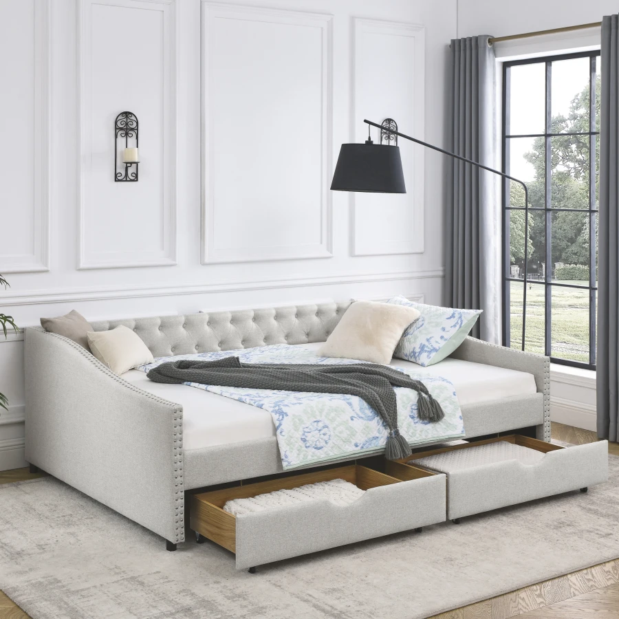 Queen Size Daybed with Drawers Upholstered Tufted Sofa Bed,,with Button on Back and Copper Nail on Waved Shape Arms, Beige 84.5